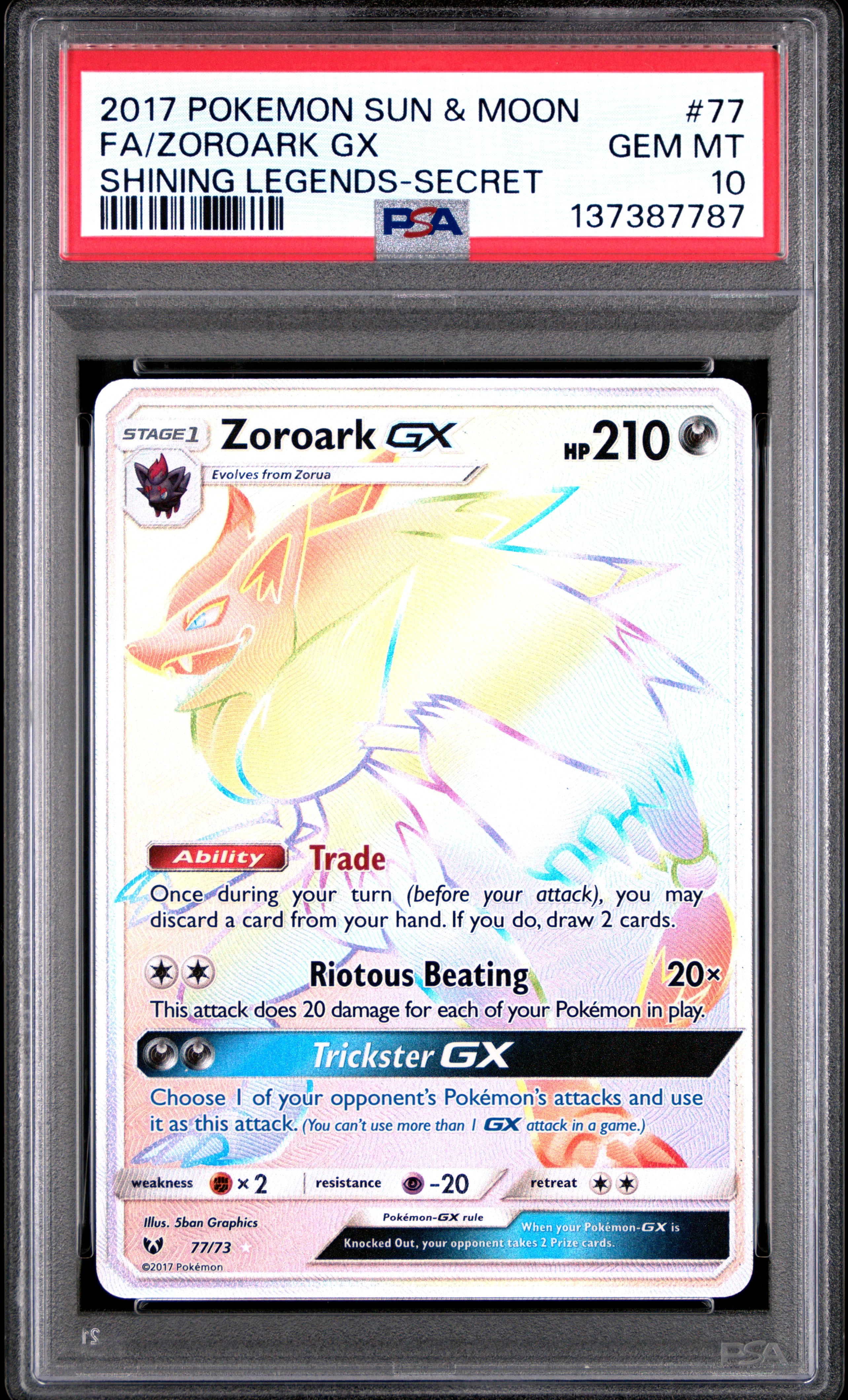 ZOROARK GX SHINING LEGENDS-SECRET 2017 POKEMON SUN & MOON SHINING LEGENDS PSA GEM MT 10