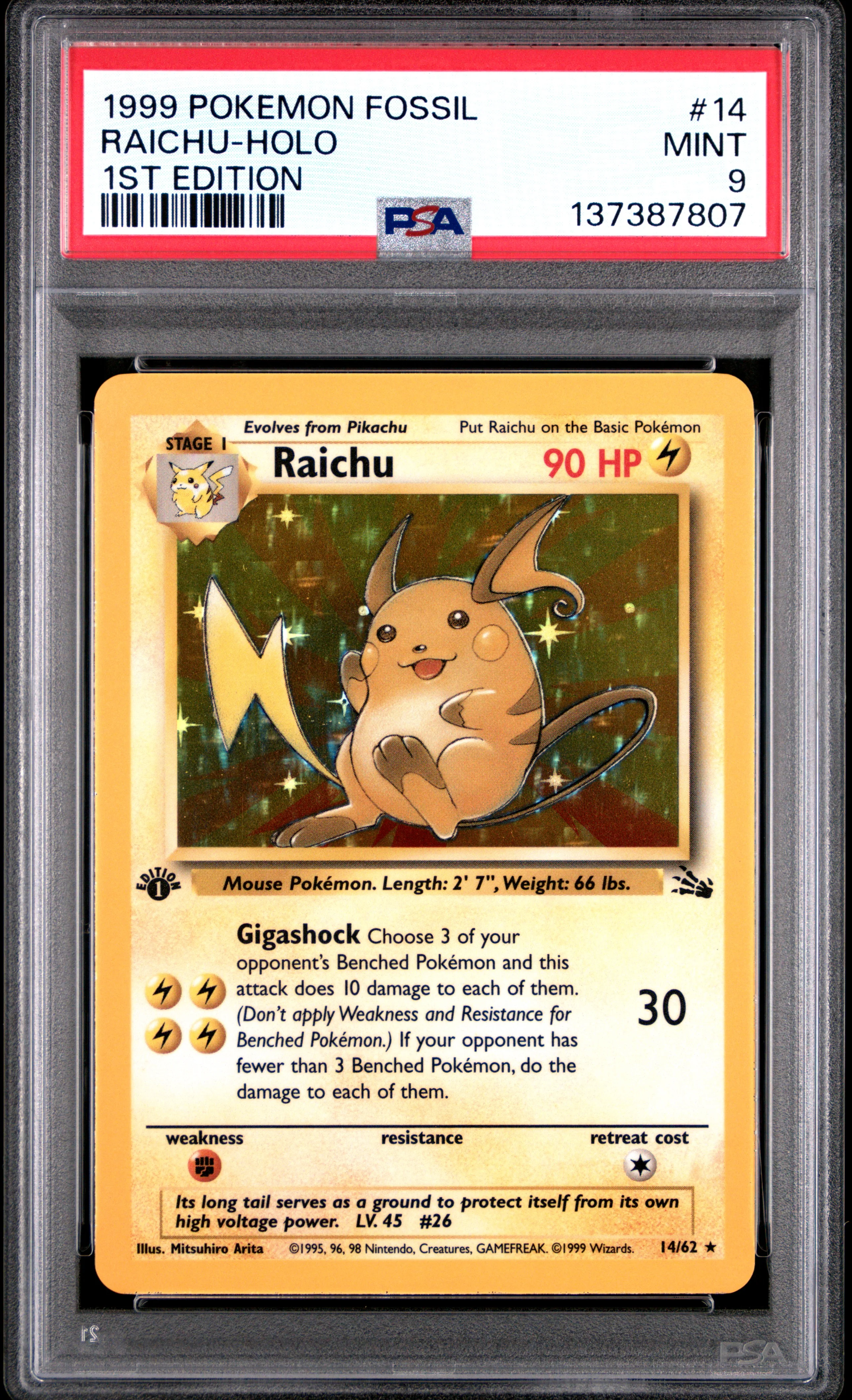 RAICHU-HOLO 1ST EDITION 1999 POKEMON FOSSIL PSA MINT 9